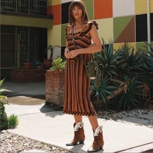 ZARA MIDI CROCHET DRESS RUFFLED STRAP BLACK/BROWN